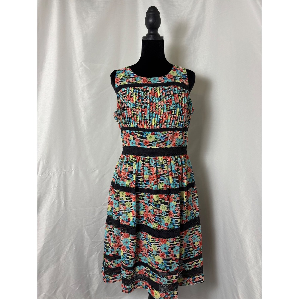 Jessica Simpson Floral Stripe Lace Trim Fit Flare Dress Sleeveless Pleated 6